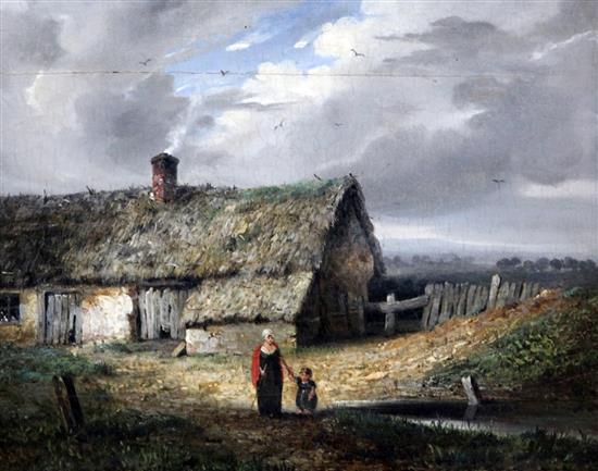 19th century English School Studies of figures beside cottages, 7.5 x 9.5in.